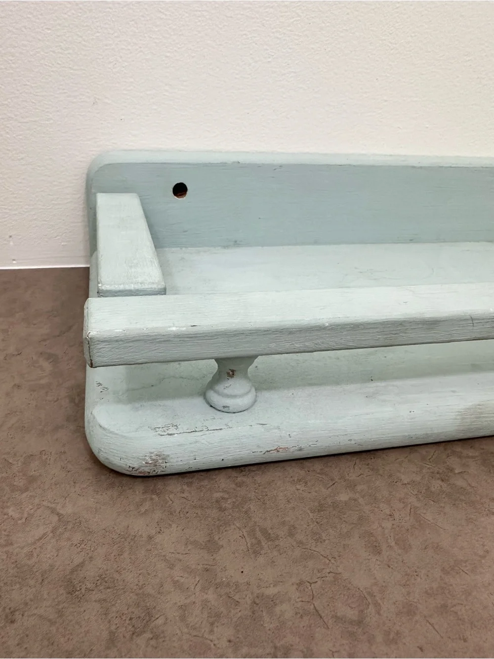 Vintage-Inspired Light Blue Painted Wood Wall Shelf Spindle Gallery Rail 20 x 8”
